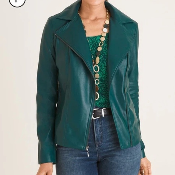 NWT Chico's Faux Leather Moto Jacket Dark Jasper Green Petite Outerwear Size 0/P - Picture 1 of 15
